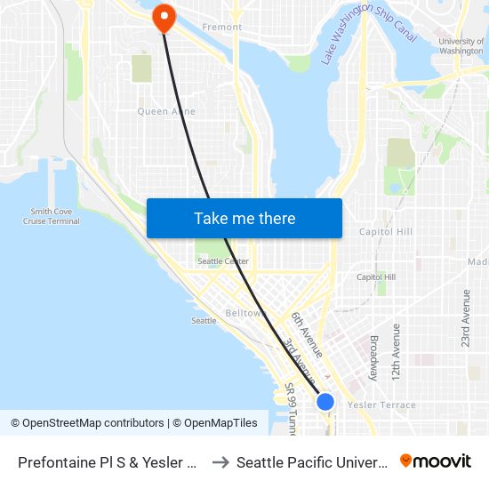 Prefontaine Pl S & Yesler Way to Seattle Pacific University map