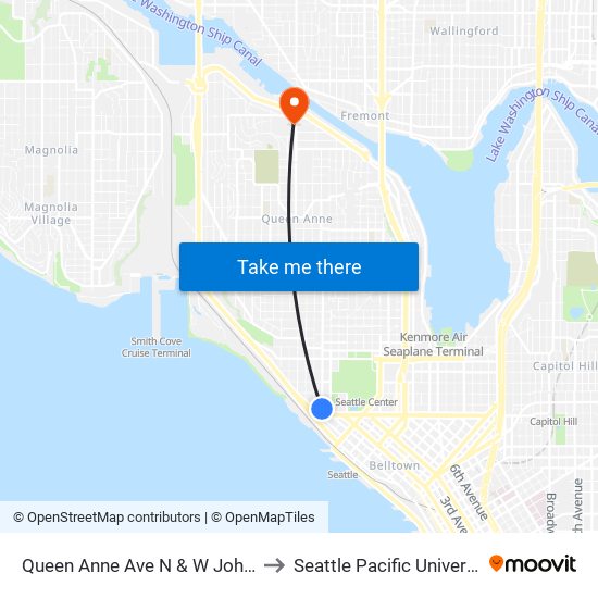 Queen Anne Ave N & W John St to Seattle Pacific University map