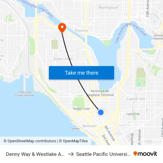 Denny Way & Westlake Ave to Seattle Pacific University map