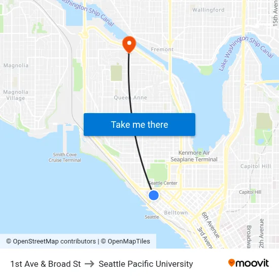 1st Ave & Broad St to Seattle Pacific University map