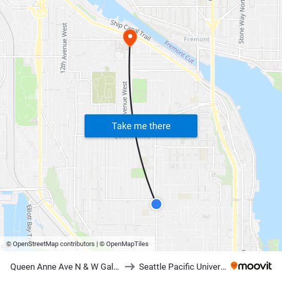 Queen Anne Ave N & W Galer St to Seattle Pacific University map