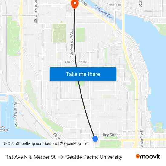 1st Ave N & Mercer St to Seattle Pacific University map