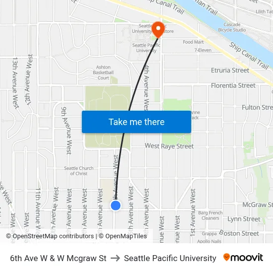 6th Ave W & W Mcgraw St to Seattle Pacific University map