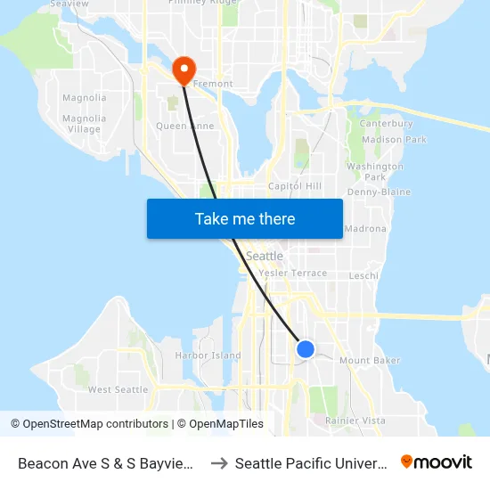 Beacon Ave S & S Bayview St to Seattle Pacific University map