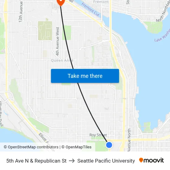 5th Ave N & Republican St to Seattle Pacific University map