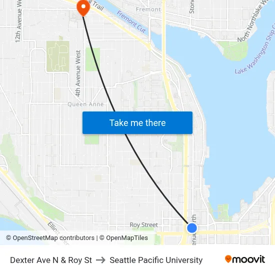 Dexter Ave N & Roy St to Seattle Pacific University map