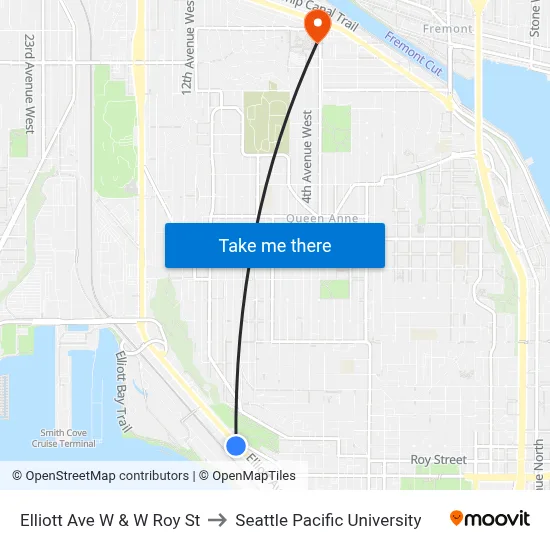 Elliott Ave W & W Roy St to Seattle Pacific University map
