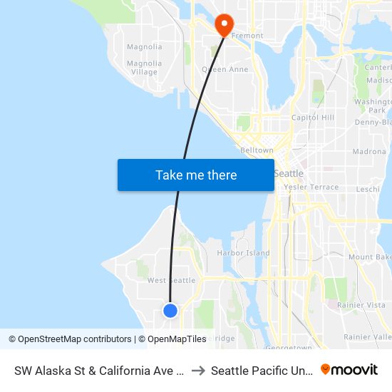 SW Alaska St & California Ave SW - Bay 1 to Seattle Pacific University map