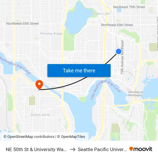 NE 50th St & University Way NE to Seattle Pacific University map