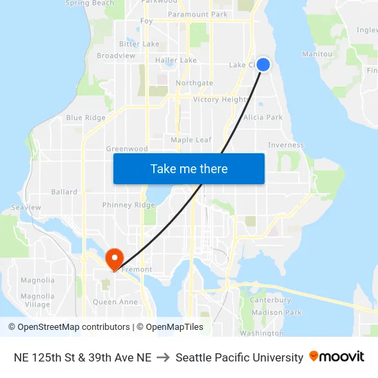 NE 125th St & 39th Ave NE to Seattle Pacific University map