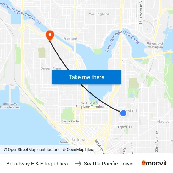 Broadway E & E Republican St to Seattle Pacific University map