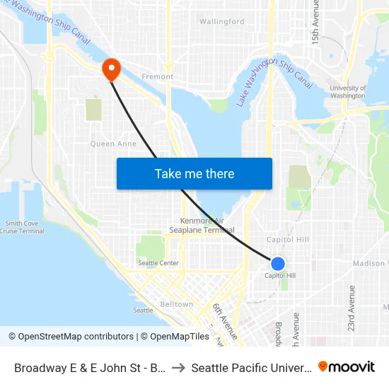Broadway E & E John St - Bay 3 to Seattle Pacific University map