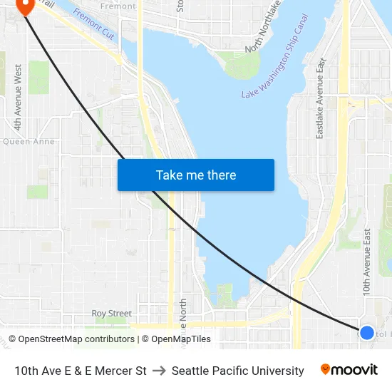 10th Ave E & E Mercer St to Seattle Pacific University map