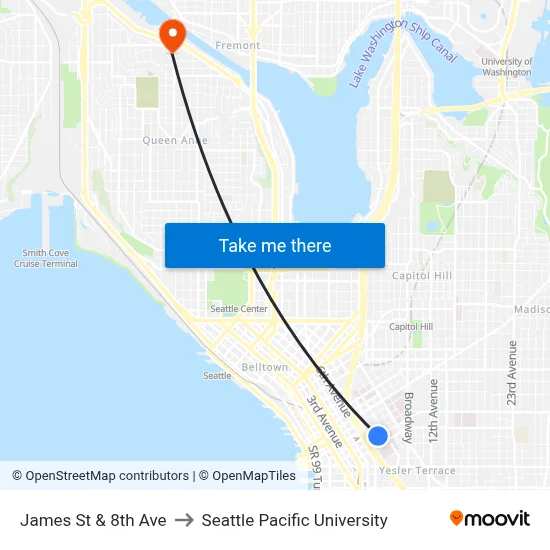 James St & 8th Ave to Seattle Pacific University map