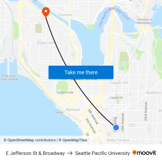 E Jefferson St & Broadway to Seattle Pacific University map