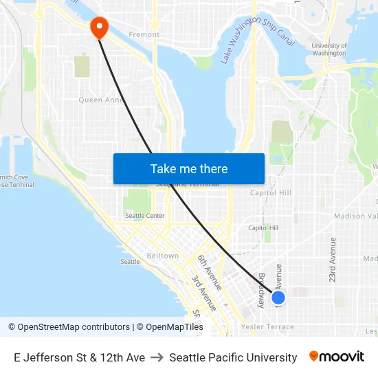 E Jefferson St & 12th Ave to Seattle Pacific University map