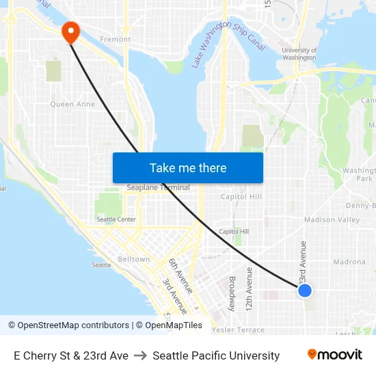 E Cherry St & 23rd Ave to Seattle Pacific University map