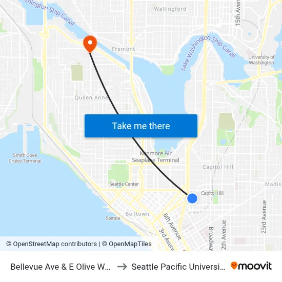 Bellevue Ave & E Olive Way to Seattle Pacific University map