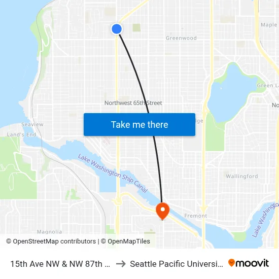 15th Ave NW & NW 87th St to Seattle Pacific University map