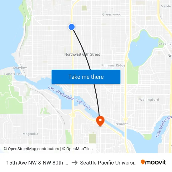 15th Ave NW & NW 80th St to Seattle Pacific University map