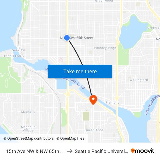 15th Ave NW & NW 65th St to Seattle Pacific University map