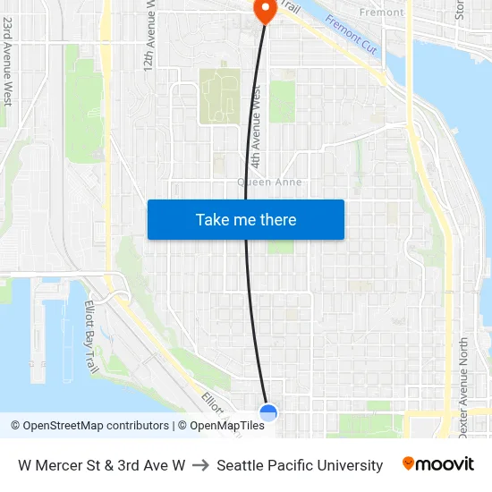 W Mercer St & 3rd Ave W to Seattle Pacific University map