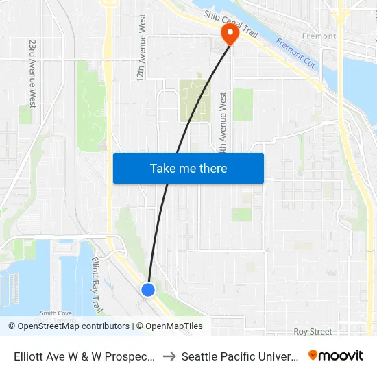 Elliott Ave W & W Prospect St to Seattle Pacific University map