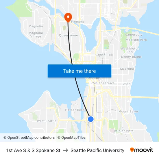 1st Ave S & S Spokane St to Seattle Pacific University map
