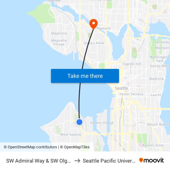 SW Admiral Way & SW Olga St to Seattle Pacific University map