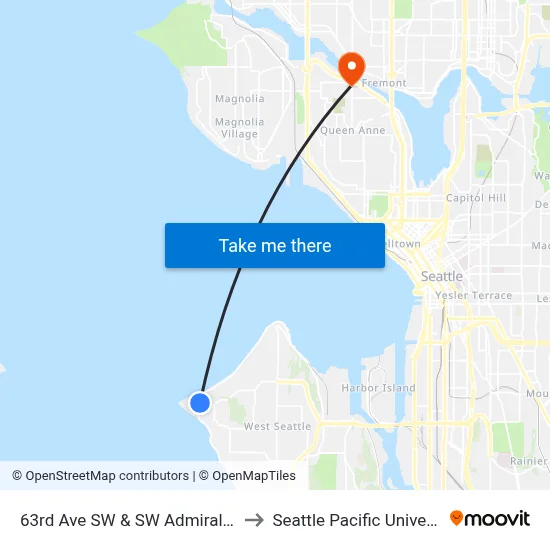 63rd Ave SW & SW Admiral Way to Seattle Pacific University map