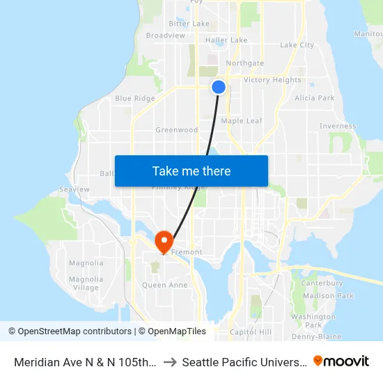 Meridian Ave N & N 105th St to Seattle Pacific University map