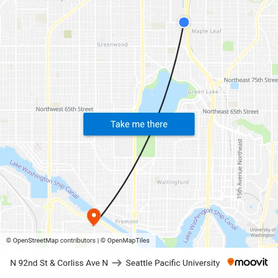 N 92nd St & Corliss Ave N to Seattle Pacific University map