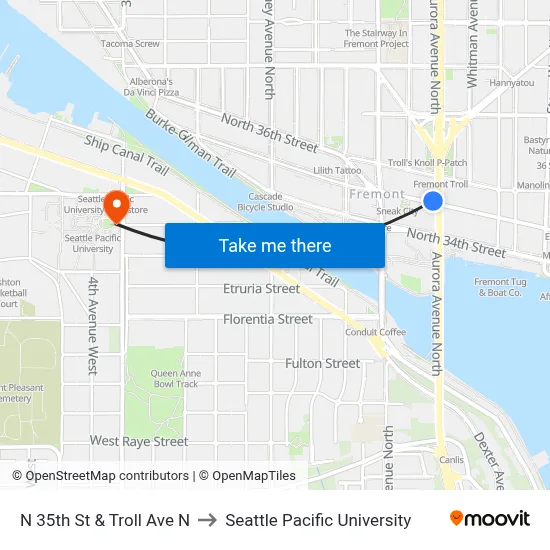 N 35th St & Troll Ave N to Seattle Pacific University map
