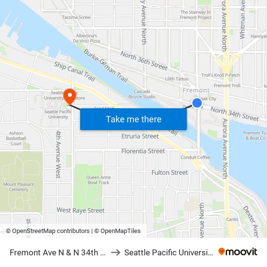 Fremont Ave N & N 34th St to Seattle Pacific University map