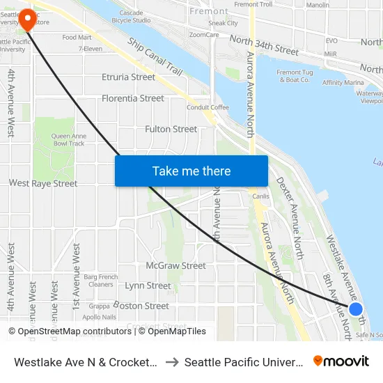 Westlake Ave N & Crockett St to Seattle Pacific University map