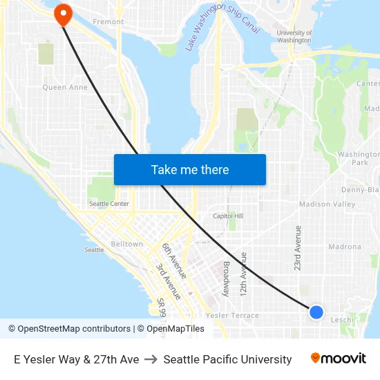 E Yesler Way & 27th Ave to Seattle Pacific University map