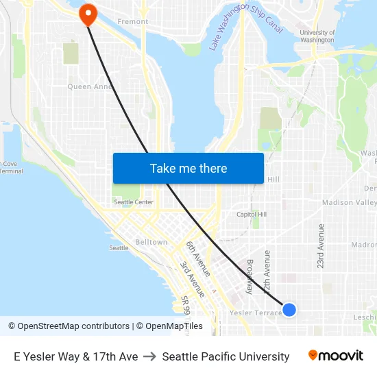 E Yesler Way & 17th Ave to Seattle Pacific University map