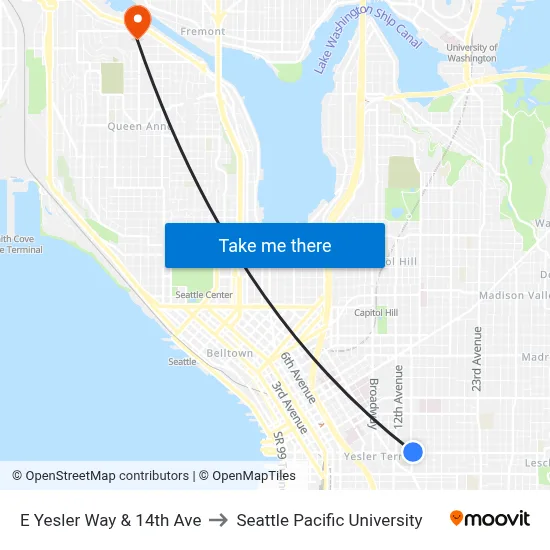 E Yesler Way & 14th Ave to Seattle Pacific University map