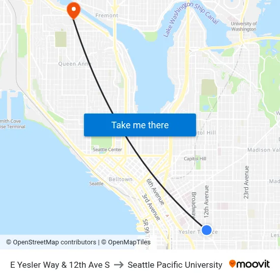 E Yesler Way & 12th Ave S to Seattle Pacific University map
