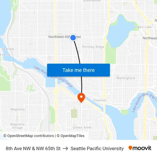 8th Ave NW & NW 65th St to Seattle Pacific University map