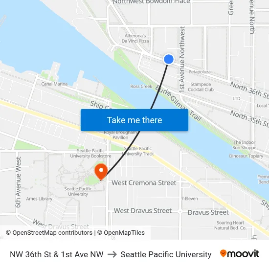 NW 36th St & 1st Ave NW to Seattle Pacific University map