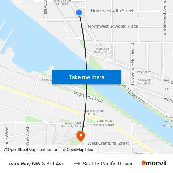 Leary Way NW & 3rd Ave NW to Seattle Pacific University map