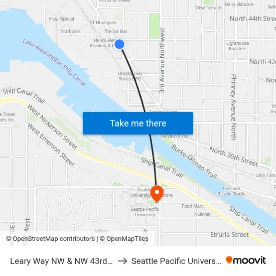 Leary Way NW & NW 43rd St to Seattle Pacific University map