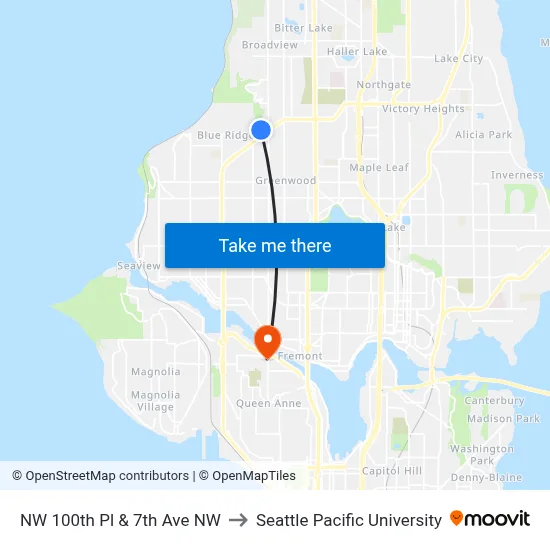 NW 100th Pl & 7th Ave NW to Seattle Pacific University map
