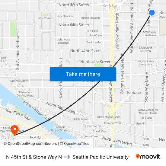 N 45th St & Stone Way N to Seattle Pacific University map