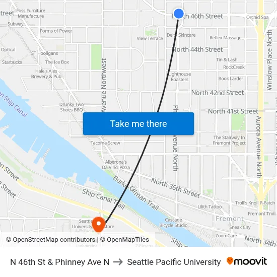 N 46th St & Phinney Ave N to Seattle Pacific University map