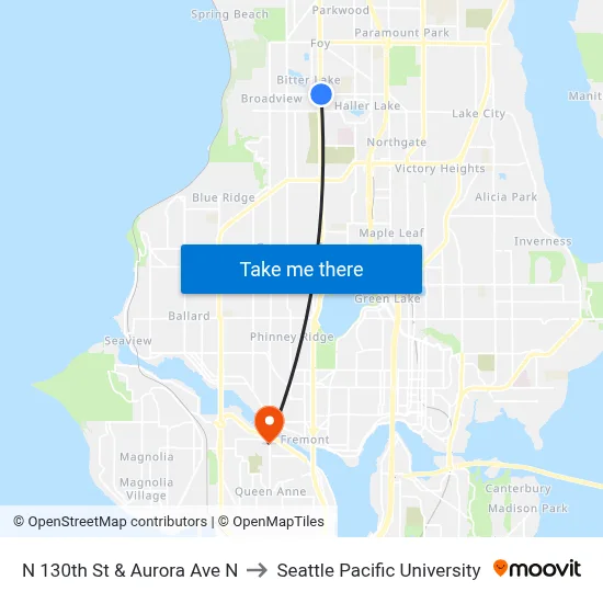 N 130th St & Aurora Ave N to Seattle Pacific University map