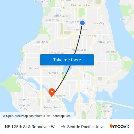 NE 125th St & Roosevelt Way NE to Seattle Pacific University map