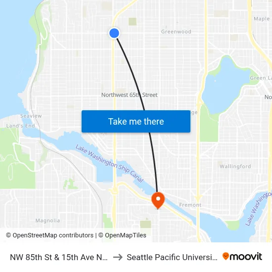 NW 85th St & 15th Ave NW to Seattle Pacific University map