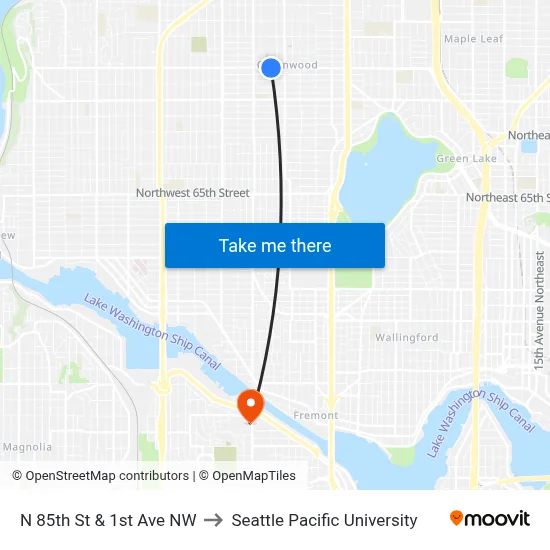 N 85th St & 1st Ave NW to Seattle Pacific University map